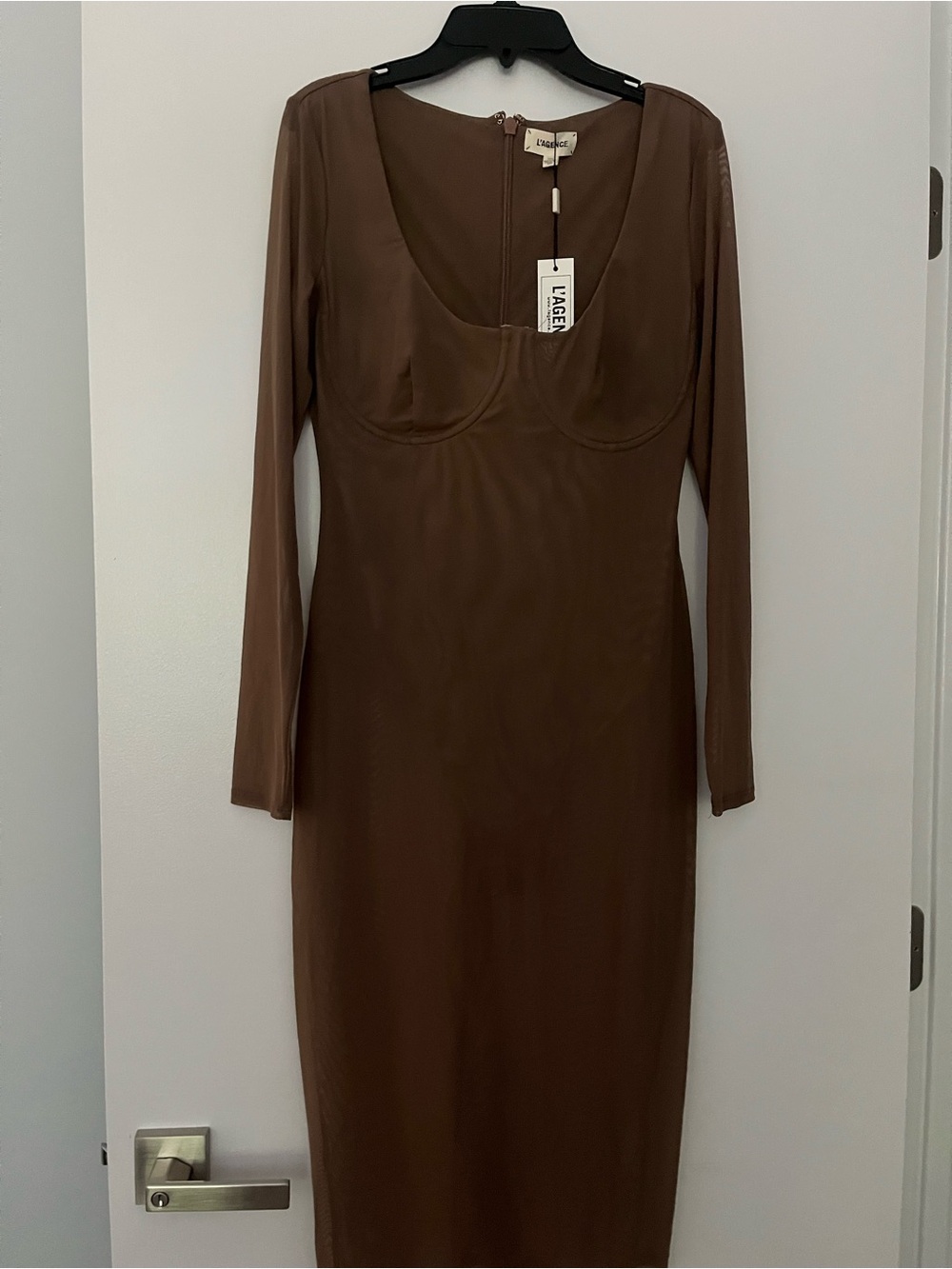 L'AGENCE Chocolate Brown Long Sleeve Scoop-Neck Midi Dress